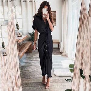 Button Down Ruched Shirt Dress w attached tie for front or back NWOT never worn